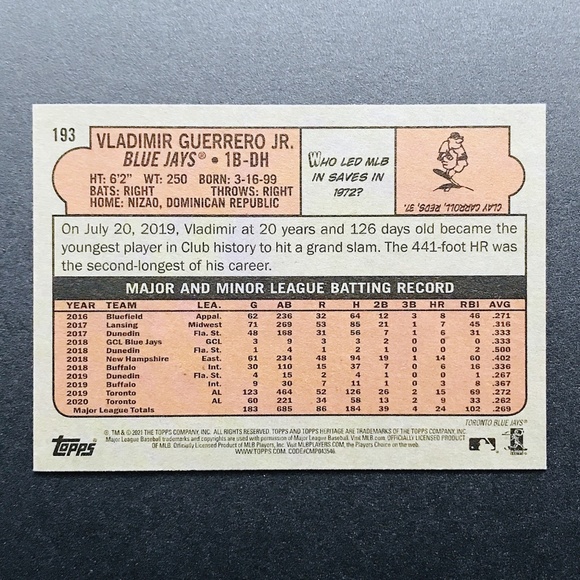 Vladimir Guerrero Jr. - 2021 Topps Heritage #193 - Picture 2 of 2
